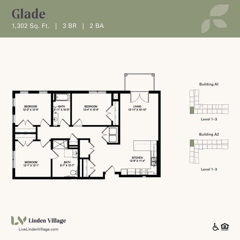 Floor plan for 3 beds, 2 baths, 1302 sqft